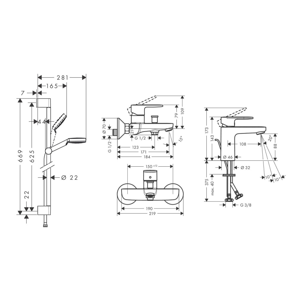 VERNIS BLEND набір змішувачів для ванни, раковина 100 (71551000, 71440000, 26533400)