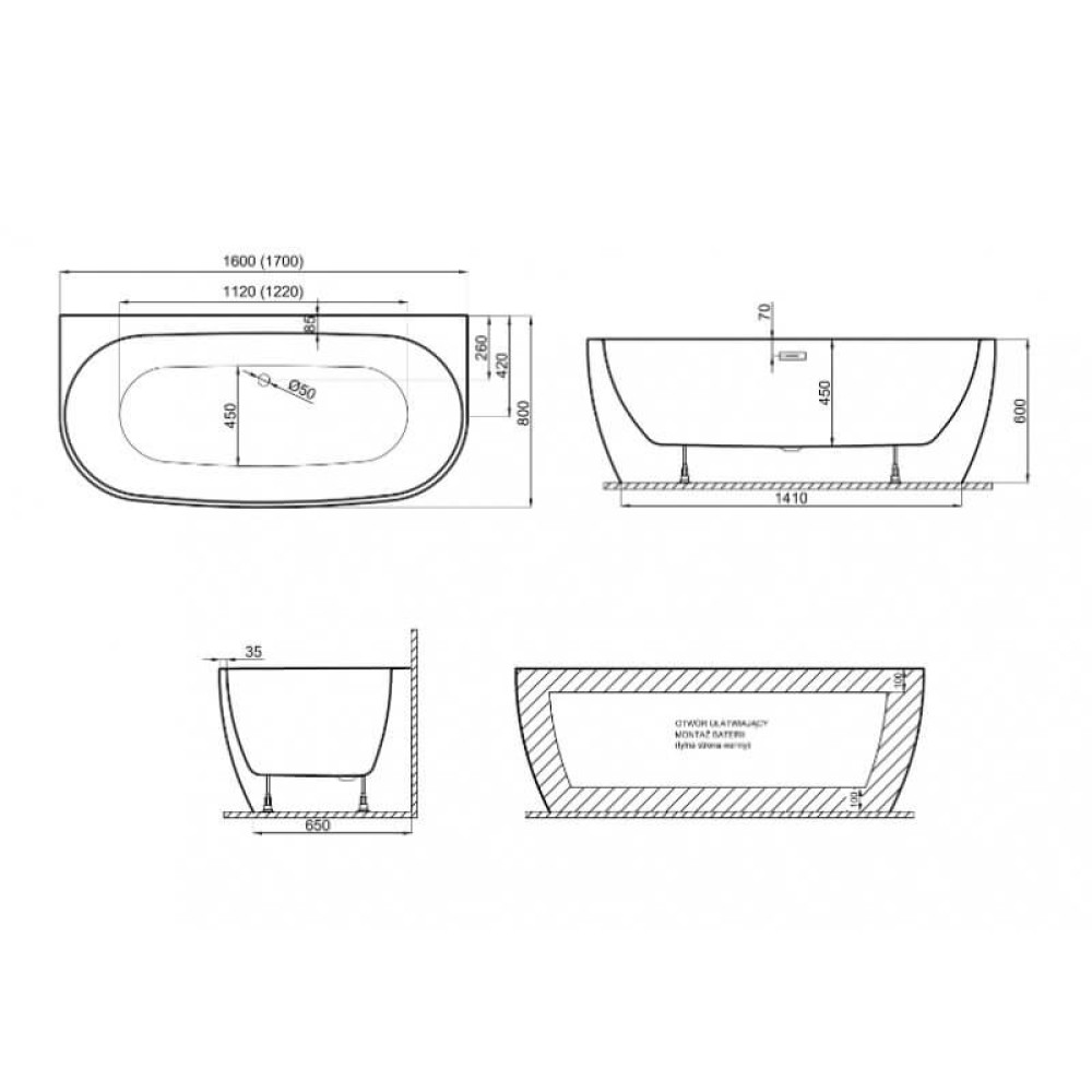 Акрилова ванна RISA біла, 160 x 80 см
